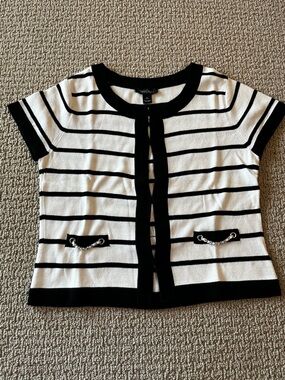 White House Black Market Black and White Striped Short Sleeve Cardigan